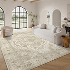 10x14 Area Rugs for Living Room - Large Washable Rug with Non-Slip Backing, Super Soft Vintage Carpet for Bedroom, Ultra-Thin Farmhouse Indoor Area Rug Home Decor (Ivory/Beige, 10'x14')