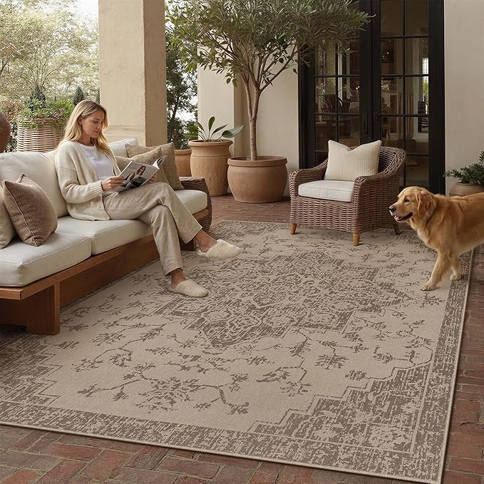 6x9 Easy Jute Outdoor Patio Rug Washable Brown Floral Floral Area Rug for Living Room Lightweight Non Slip No Sheding Carpet Balcony Farmhouse Bedroom Backyard Dining Room Deck