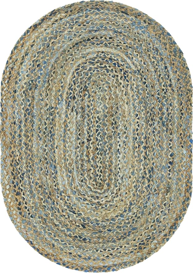 Unique Loom Braided Chindi Collection Casual Modern Blue Oval Rug (4' 0 x 6' 0), Blue/Natural