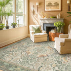 Washable Sage Green Area Rugs 5x7 for Living Room, Bedroom Bedside, Dining Room, Office, Muted Cream Green Non Slip Stain Resistant Low Pile Botanical Floral Bird French Country Decor
