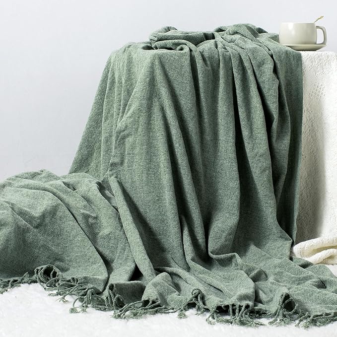 Chenille Throw Blanket for Couch with Tassels,60"X80" Soft Lightweight Knitted Boho Decorative Blankets for Bed and Sofa,Sage Green