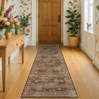 Brown Boho Washable 2x6 Runner Rugs for Hallway Kitchen Bedroom Beside Laundry Room Bathroom Rug, Pet & Kids Friendly, Non Slip Low Pile Stain Resistant Soft Faux Wool Long 24 x 72 Floor Carpet