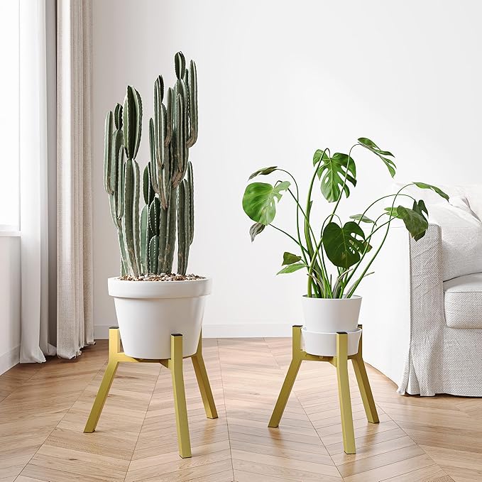 Adjustable Plant Stands Set of 2, Metal Small Plant Holder, Heavy Duty Stable Flower Holder Stand Rack for Various Pot Sizes Indoor Outdoor Corner Living Room Balcony Office Golden PS-007GY-2