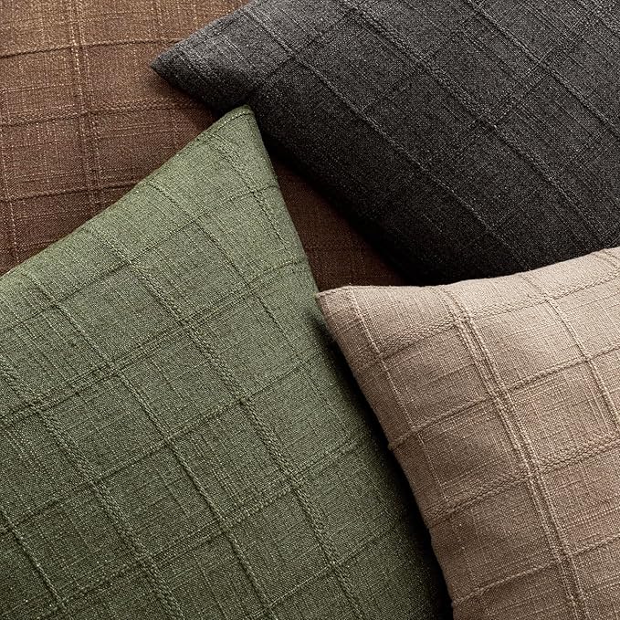 Foindtower Set of 2 Decorative Linen Check Throw Pillow Covers Neutral Farmhouse Lumbar Cushion Covers Modern Boho Home Decor for Sofa Chair Couch Bedroom Living Room,12×24 Inch,Olive Green