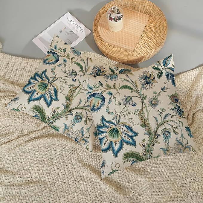 Blue Green Pillow Covers 20x20 Set of 2 Sage Green Chinoiserie Floral Throw Pillows Boho Vintage Flowers Decorative Pillowcase Outdoor Chinoiserie Decor Farmhouse Cushion Case for Couch Sofa