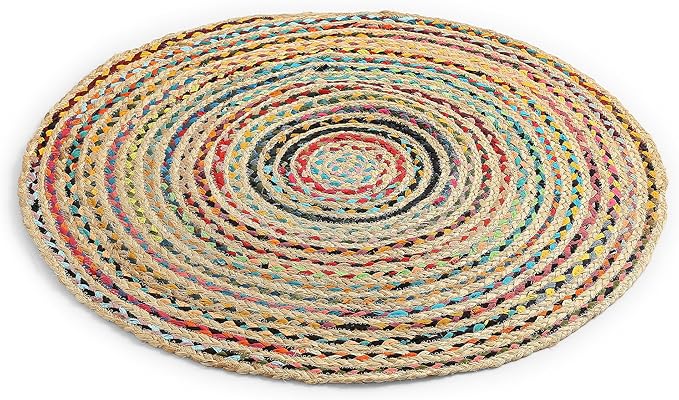 · REDEARTH · Jute Cotton Chindi Area Rug - 3' Round Rug, Handwoven, Non-Shedding, Soft & Durable – Multi Tones for Home Décor in Living Room, Dining Room, Bedroom