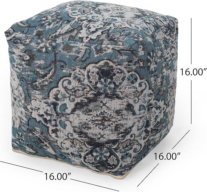 GDFStudio Boho Handmade Fabric Cube Pouf Ottoman Foot Stool - Bean Bag Floor Chair - Foot Rest Couch for Living Room Bedroom,Blue,16"" x 16"" x 16"", Conch,blue, 313832N