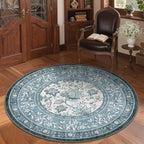 GarveeHome Misty Blue Botanical Grove 4ft Round Rug, Small Circle Vintage Cottagecore Soft Low-Pile Non-Slip Washable Rugs for Living Room Bedroom Nursery Kitchen Retro Carpet