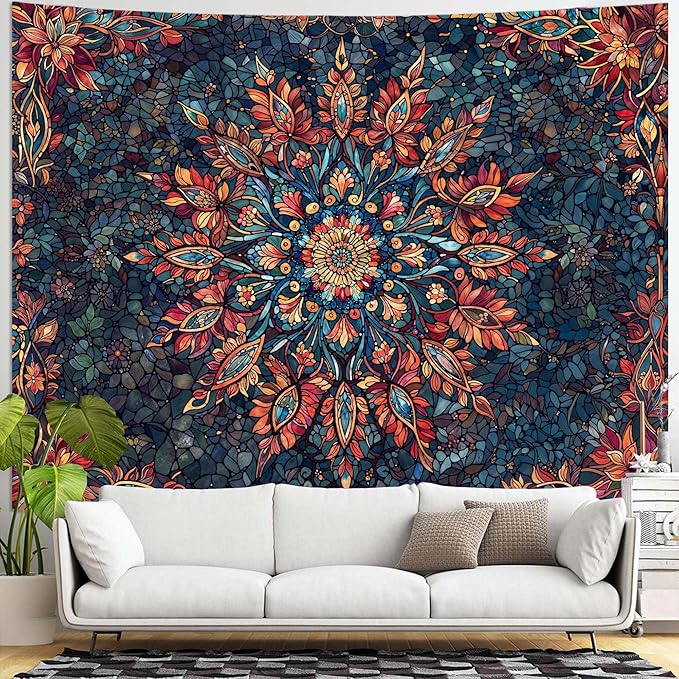 Accnicc Boho Floral Mandala Tapestry for Bedroom Hippie Bohemian Flower Wall Tapestry Aesthetic Extra Large Stained Glass Red Blue Tapestries Wall Hanging for Living Room Dorm Decor 90 x 68 Inch