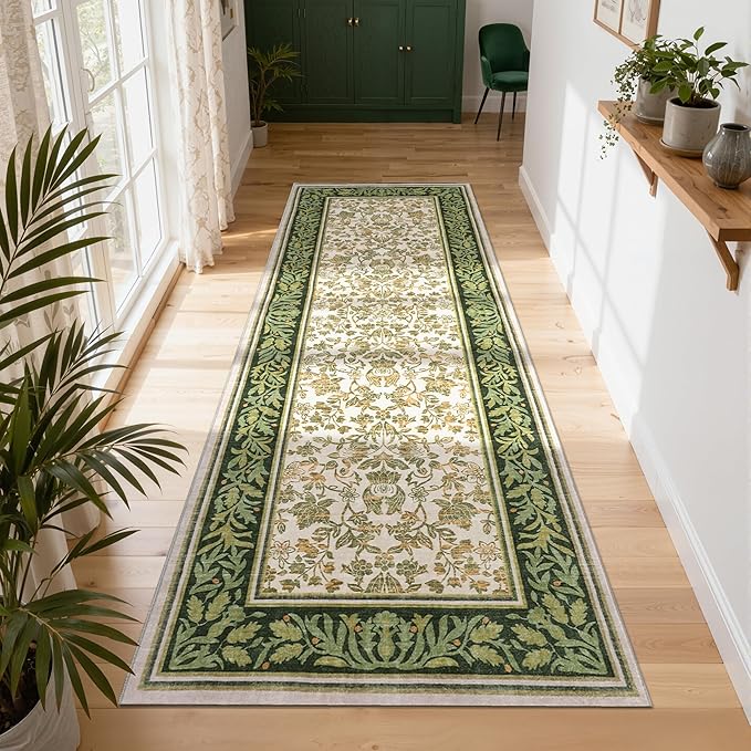 GarveeHome Runner Rugs 2x6 Kitchen Runner Rug Non Slip Washable Runners for Hallways, Boho Vintage Rugs with Rubber Backing Low-Pile Indoor Long Carpet for Entryway Bedroom Light Green