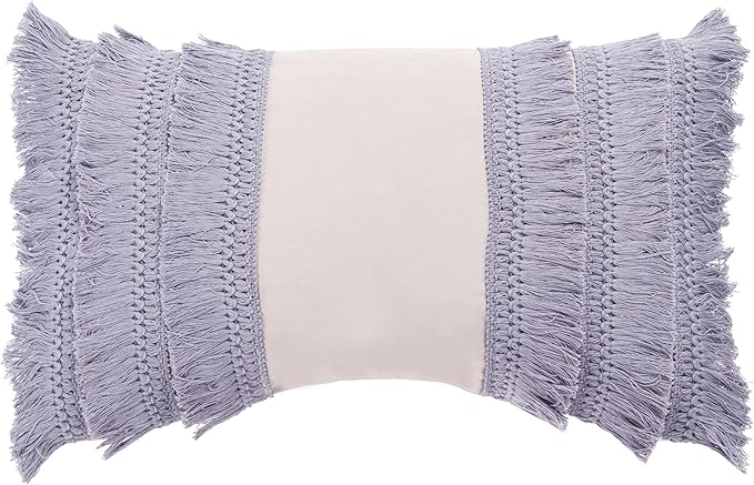 SAFAVIEH Home Collection Grema Boho Fringe Light Grey/Periwinkle 12 x 20-inch Rectangle Decorative Accent Throw Pillow with Insert