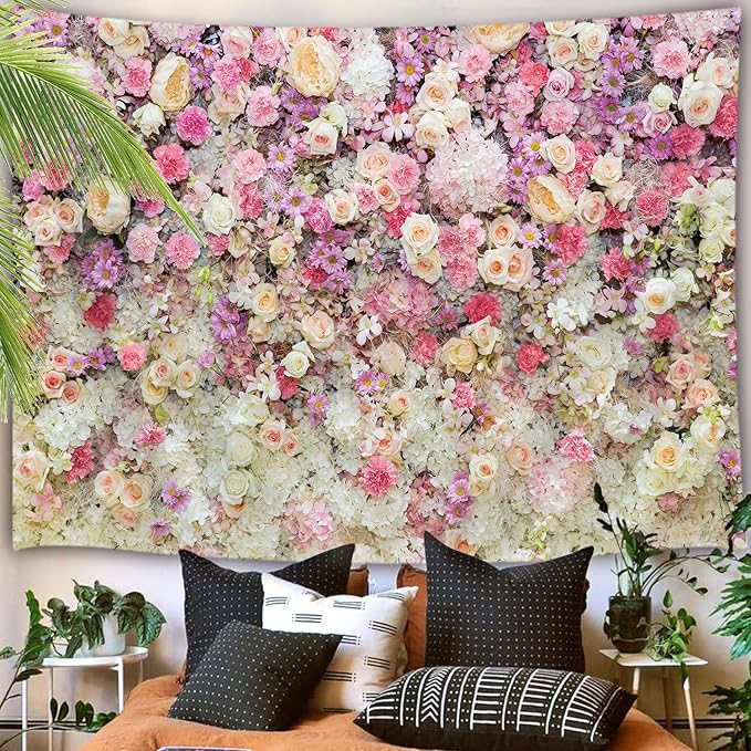JAWO Floral Wall Tapestry for Girls, Colorful Pink Yellow Rose Flower Hanging Bedroom, Romantic Spring Aesthetic Beach Blanket College Dorm Home Decor (71" W X 60" H)