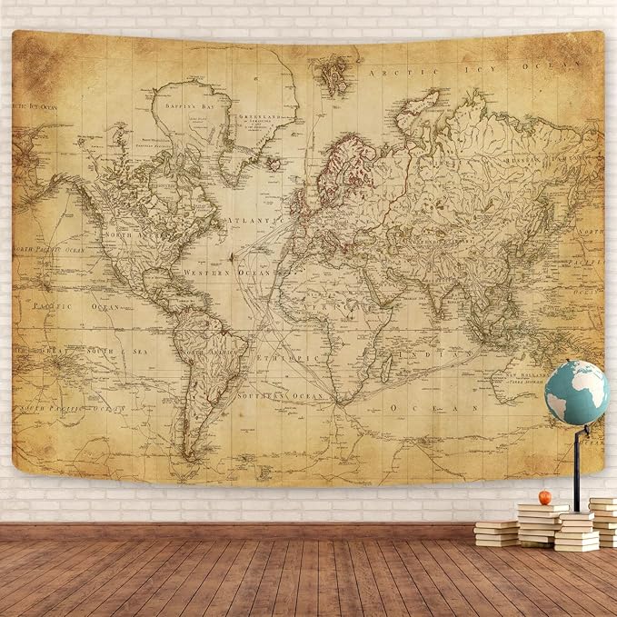GOAOK Old World Map Tapestry, Vintage Map Geographical Distribution Tapestry Wall Hanging, Brown Historical Atlas Educational World Map Poster for Classroom Bedroom Living Room Office 40x30 Inch