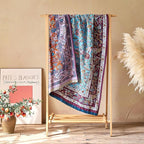 Boho Throw Blanket - 100% Cotton Ultra Soft Muslin Blanket, 60"x80" Lightweight Framhouse Bedding Spring Blanket for Bed, All Season Blue and Purple Floral Bohemian Bedroom Home Decor Quilt