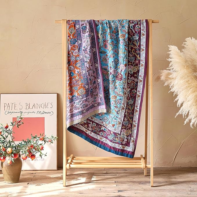 Boho Throw Blanket - 100% Cotton Ultra Soft Muslin Blanket, 60"x80" Lightweight Framhouse Bedding Spring Blanket for Bed, All Season Blue and Purple Floral Bohemian Bedroom Home Decor Quilt