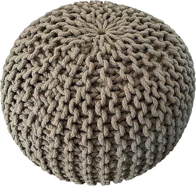 NOORI Rug Home - 100% Handmade & Handcrafted Premium Cotton Round Knitted Cable Style Pouf Foot Stool Ottoman Bean Bag Chair - Small Furniture - Sage, 17x17x14 (S119)