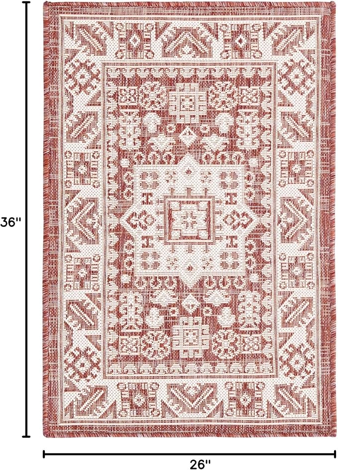 Rugs.com Outdoor Aztec Collection Rug – 2' x 3' Rust Red Flatweave Rug Perfect for Living Rooms, Large Dining Rooms, Open Floorplans