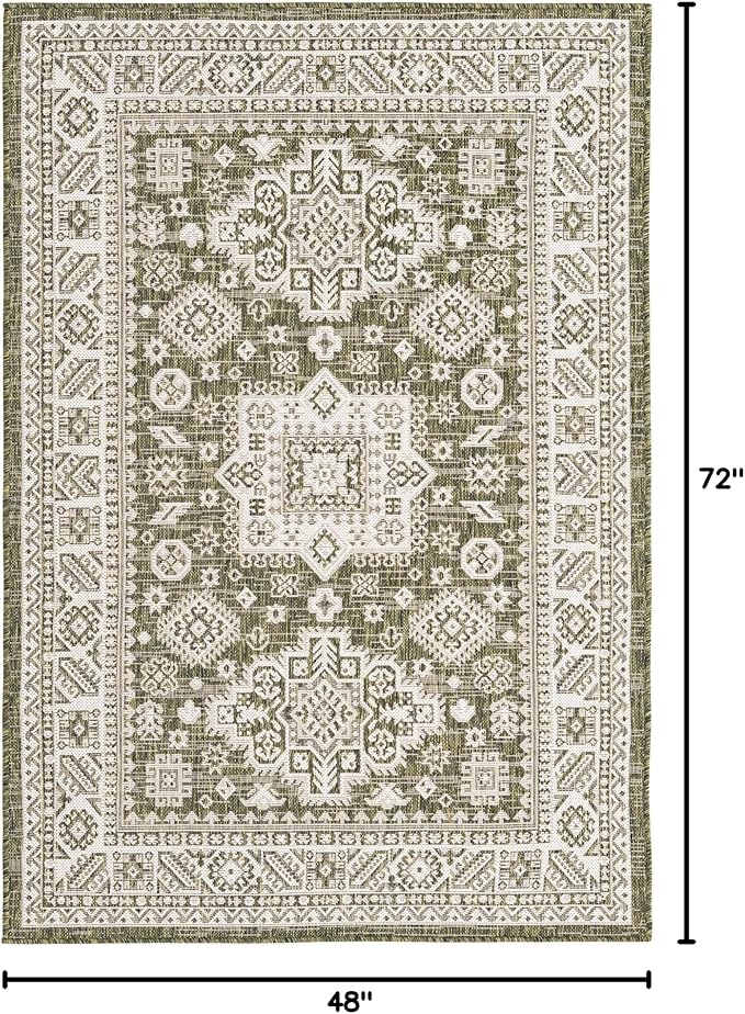 Rugs.com Outdoor Aztec Collection Rug – 4' x 6' Green Flatweave Rug Perfect for Living Rooms, Large Dining Rooms, Open Floorplans
