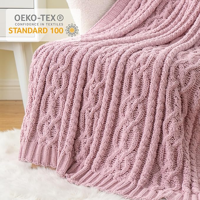 Battilo Pink Throw Blanket for Couch, Cable Knit Blanket, Soft Chenille Throw Blanket, Cozy Warm Blankets for Girls Daughter Women Gifts for Mom, 51"x67", Blush