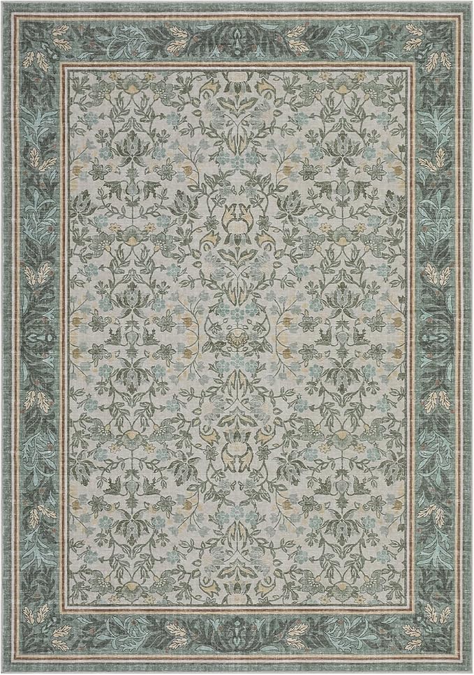 GarveeHome 5x7 Area Rugs Washable Rugs for Living Room, Boho Vintage Rug Non Slip Low Pile Stain Resistance Indoor Soft Large Carpet for Bedroom Dining Room Office Sage Green