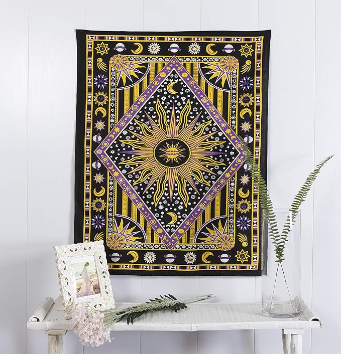 Popular Handicrafts Wall Hanging Tapestry For Bedroom Hippie Burning Sun and Moon Meditation Bohemian Hippy Psychedelic Design Indian Tapestries Bedspread 30 x 40 Inches (76 x 101 cms), Blue