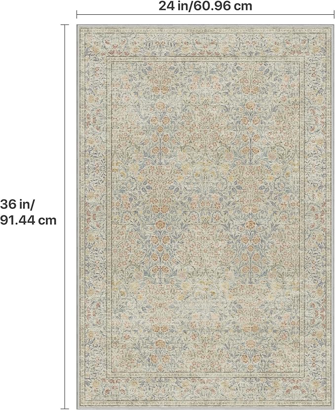 GENIMO 2x3 Indoor Doormat, Washable Non-Slip Vintage Floral Low Pile Door Mat for Entryway Front Door Kitchen Bathroom, Stain Resistant Small Throw Rug Runner (Beige)