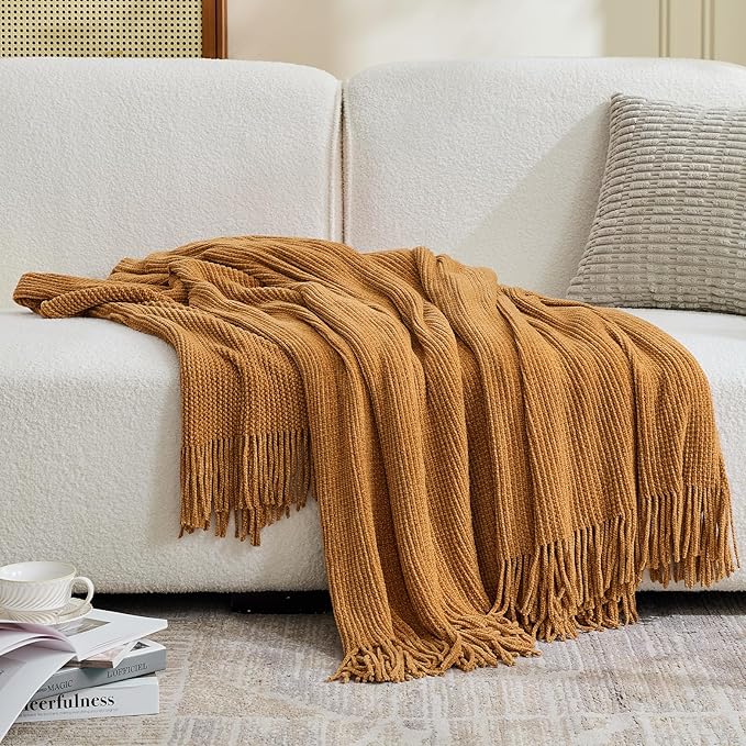 inhand Brown Throw Blanket for Couch Bed,Fall Home Decorative Soft Chunky Chenille Woven Blankets with Tassels,Lightweight Cozy Boho Farmhouse Warm Winter Gifts for Women,60"x80",Extra Thick