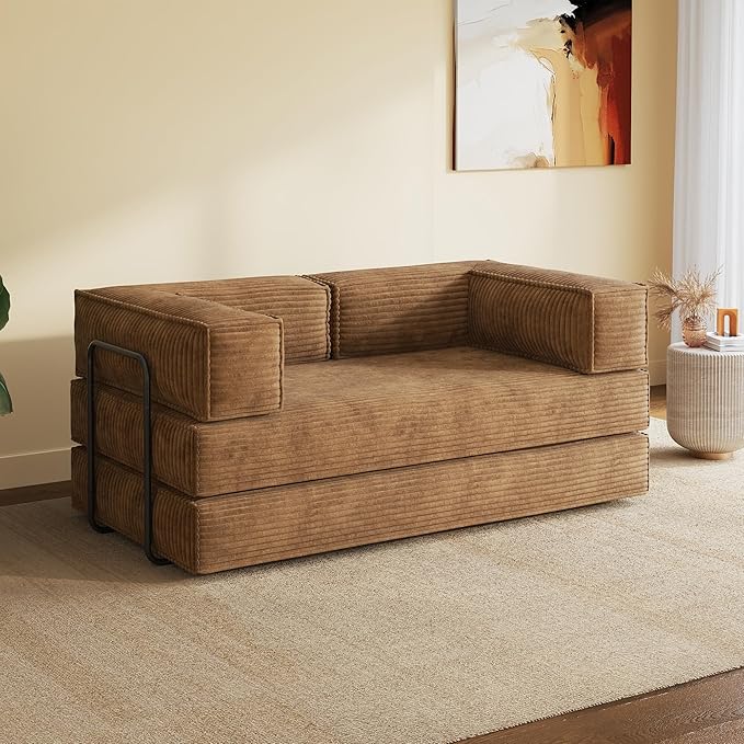 WLIVE 71'' Futon Sofa Bed, Convertible Sleeper Sofa, Folding Pull Out Couch Boneless Mattress with Fixed Frame, Corduroy, Brown