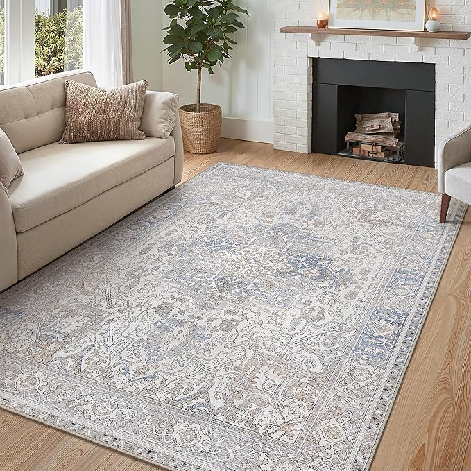 GENIMO 6x9 Area Rugs for Living Room, Machine Washable Rug, Non Slip Indoor Vintage Rug, Low Pile Lightweight Chenille Print Carpet for Bedroom Dining Room Home Office, Khaki Blue