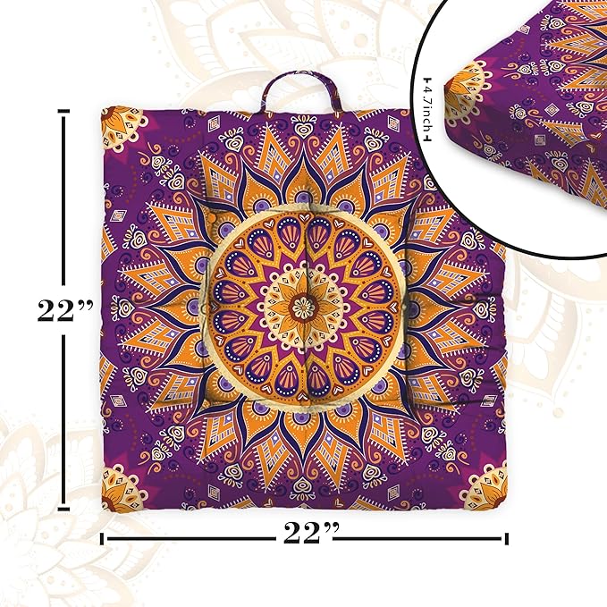Mandala Meditation Cushion, Boho Meditation Mat, Meditation Pillows for Sitting on Floor, Cushions for Sitting in Home and Outdoor, Square Floor Pillow Cushion Seating for Yoga Accessories 22'' X 22''