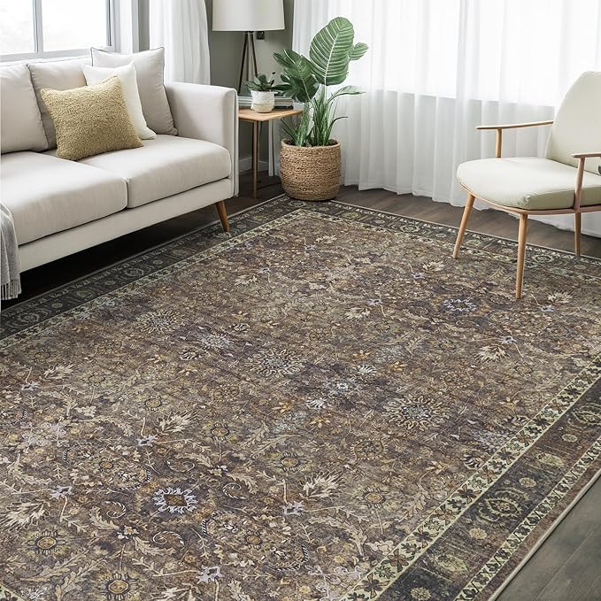 9x12 Vintage Washable Area Rug for Living Room,Low Pile Non Slip Carpet Non-Shedding Large Area Rug Soft Indoor Stain Resistant Rug Floral Print Mat for Dining Room Brown Floral
