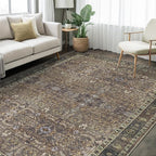 9x12 Vintage Washable Area Rug for Living Room,Low Pile Non Slip Carpet Non-Shedding Large Area Rug Soft Indoor Stain Resistant Rug Floral Print Mat for Dining Room Brown Floral