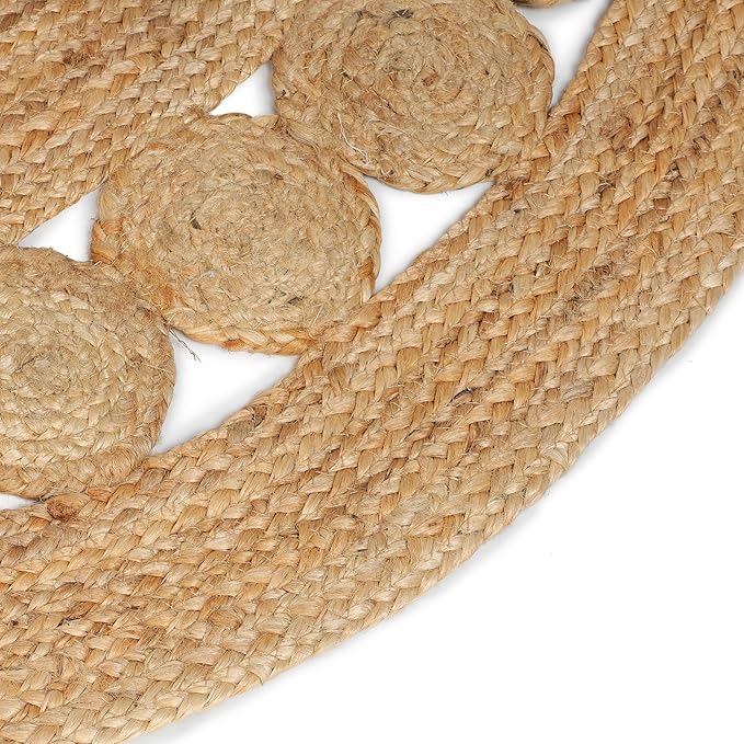 Hand Woven Jute Area Rug - 5' Round - Rustic Beige Reversible Farmhouse Rugs for Bedroom, Kitchen, Living Room - Vintage Natural Braided Entry Floor Décor Circle Boho 5 Foot Round Rug