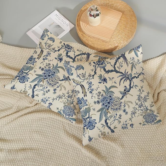 Chinoiserie Floral Bird Pillow Covers 24x24 Set of 2 Blue Chinoiserie Flowers Decorative Pillow Cases Outdoor Decor Blue and Cream Throw Pillows Farmhouse Linen Cushion Cover for Couch Home