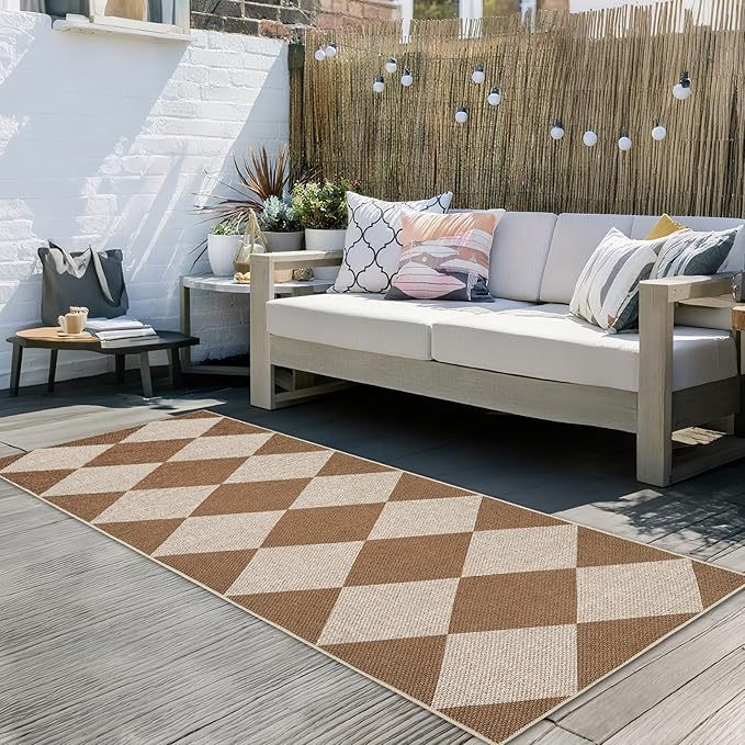 GarveeHome Easy Jute Rugs 2x8 Checkered Kitchen Runner Rugs Non Skid Washable Stain Resistant Indoor Outdoor Rugs for Living Room, Bedroom, Dining, Patio - Farmhouse Style Brown