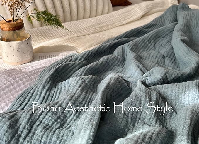 KyraHome 100% Cotton Throw Blankets for Couch, 60"x80" Plant-Dyed Breathable Lightweight Gauze Soft Muslin Throw Blankets for Adults, All Season (Slate Blue)