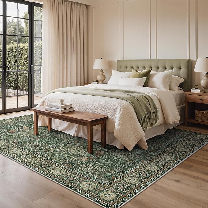 Bavni Washable Rugs 8x10-Machine Washable Rug Lightweight Low Pile, Vintage Floral Rug Non-Shedding Distressed Throw Carpet for Living Room Bedroom Office, Forest Green
