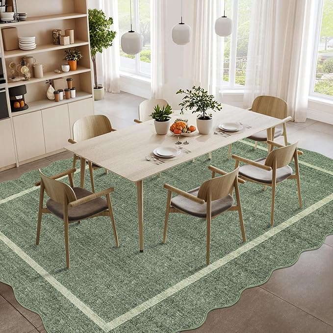 GarveeHome Scalloped Washable Rugs 9x12 Area Rug for Bedroom Modern Rug Non Slip Throw Rugs Large Living Room Rug Low Pile Soft Stain Resistant Carpet for Nursery Dining Room 9'x12' Greyish Green