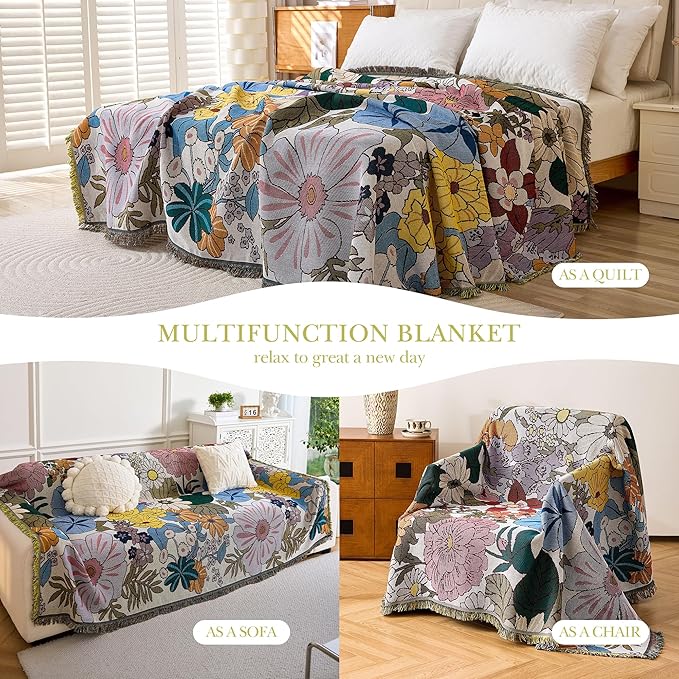 Boho Throw Blanket for Couch Cover, 100% Handwoven Cotton Southwestern Farmhouse Floral Decor Reversible Blanket, All Season Throw for Sofa Bed Tapestry Outdoor Camping Picnic. 71″×134″