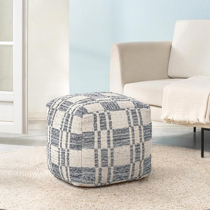 Anji Mountain Pouf Ottoman Foot Rest, Handmade Ottoman Pouf, Comfortable Foot Stool, Decorative Floor Seating for Living Room Decor, Bedroom & Home Décor Accent - Ash Lattice