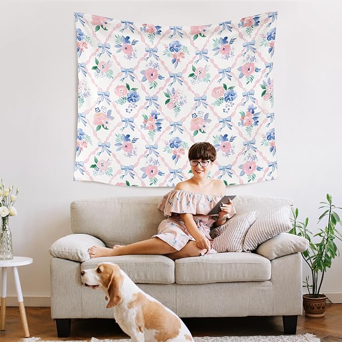 WARDOS Coquette Pink Bow Tapestry, Coquette Room Decor, Preppy Pink and Blue Floral Tapestry, Cute Preppy Room Decor Teen Girls, Girly Bedroom Decor, Coquette Stuff, 50x60 Inch