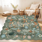 Floral Square Area Rug for Family: Washable 5x5 Scalloped Carpet for Living Room Bedroom Soft Water Resistant Floor Mat with Non Slip Backing for Kitchen Nursery Farmhouse Home Decor(5x5,Floral/Green)