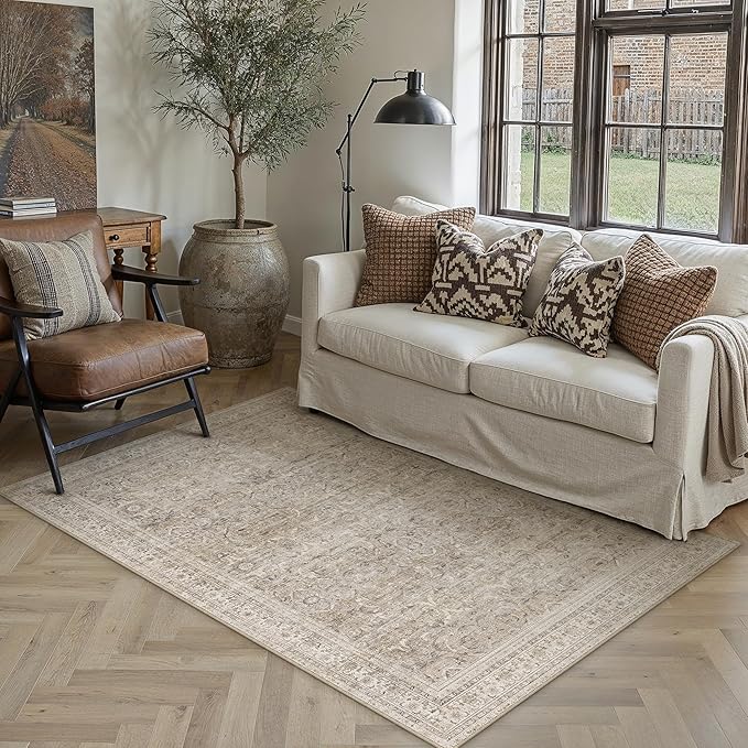 HUGEAR 3x5 Entryway Area Rug Vintage Beige Small Rug Machine Washable Door Mat Retro Floral Low Pile Carpet Vacuumable Distressed Throw Rug Entrance Kitchen Bedroom Bathroom Non Slip Lightweight