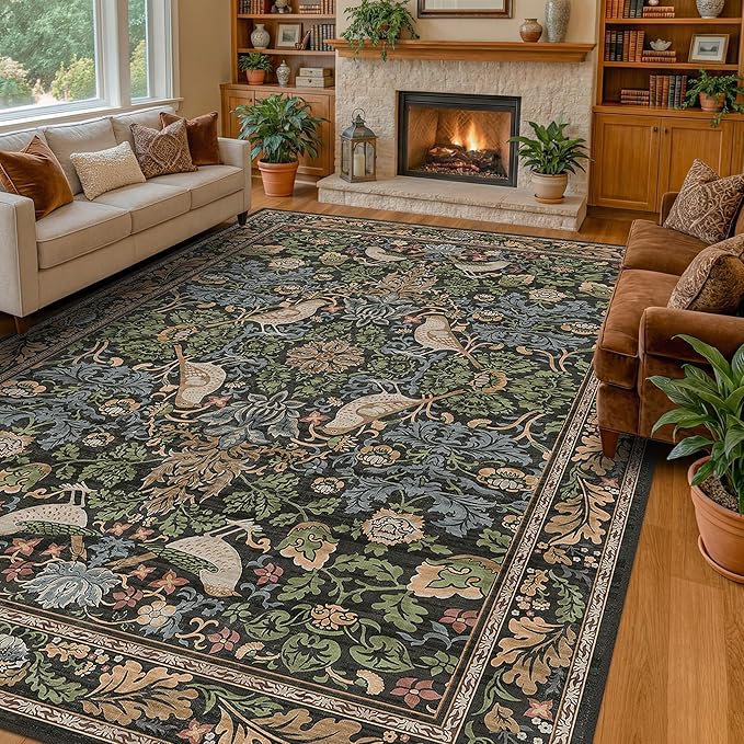 Vintage Green Rug for Extra Large Bedroom - Washable 10x12 Area Rug for Living Room, Dining Room Under Table, Boho Bird Decor, Soft Low Pile Non-Slip & Stain Resistance Brown Accent Carpet