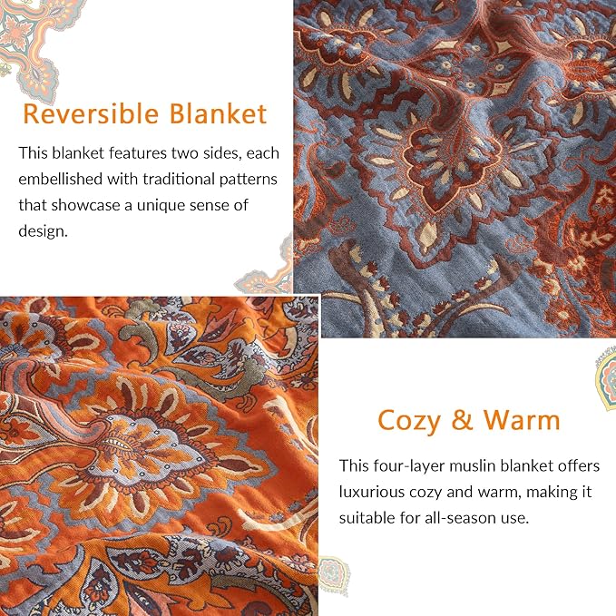 Boho Throw Blanket for Couch Sofa Bed, 100% Cotton Woven Quilt with Tassel 80”x90”, Super Soft Muslin Blanket with Floral Printed, Decorative Reversible Bed Blanket/Cover for All Seasons