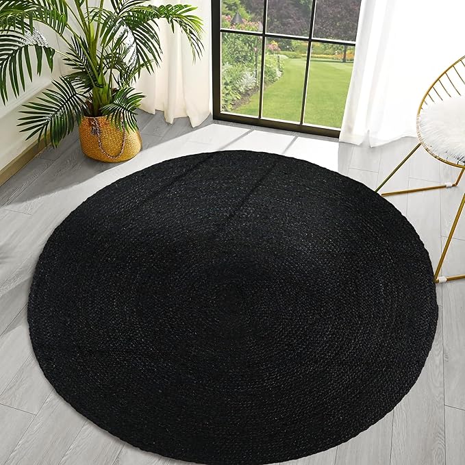 Hand Woven Braided Jute Rug - 4' Round - Black Reversible Farmhouse Rugs for Living Room, Bedroom, Dining Room, Kitchen - Natural Decorative Floor Boho Entry Area Rugs - Round Rug 4ft