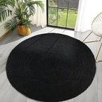 Hand Woven Braided Jute Rug - 4' Round - Black Reversible Farmhouse Rugs for Living Room, Bedroom, Dining Room, Kitchen - Natural Decorative Floor Boho Entry Area Rugs - Round Rug 4ft