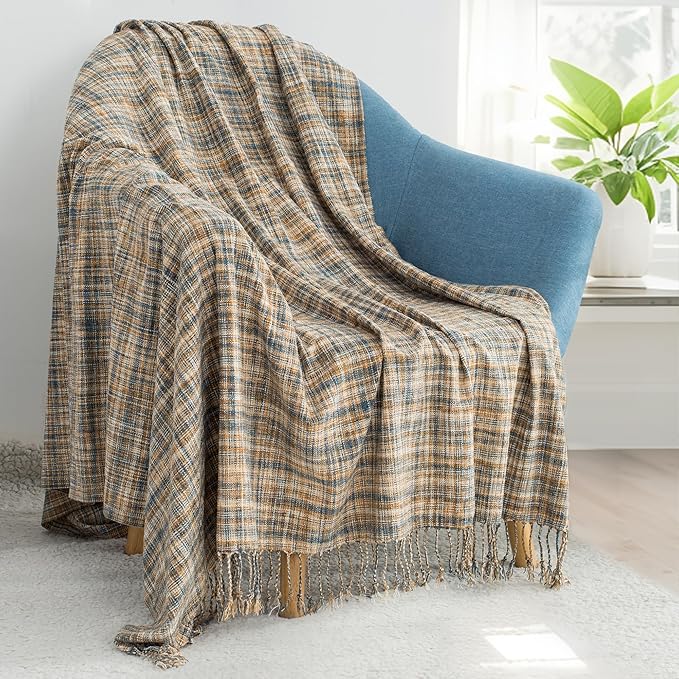 Chenille Throw Blanket for Couch with Tassels,60"X80" Soft Lightweight Knitted Boho Decorative Blankets for Bed and Sofa,Blue and Yellow