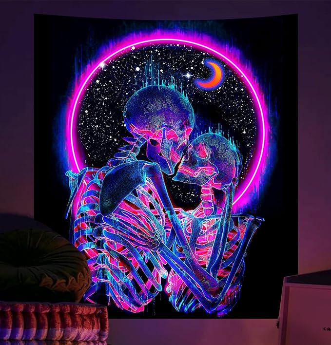 TUGCAY Blacklight Skull Tapestry Glow in the Dark Tapestry Kissing Lovers Tapestries Skeleton Neon Trippy Moon Stars Vertical Posters Wall Hanging Decor for Bedroom Aesthetic – 70.9” x 90.6”