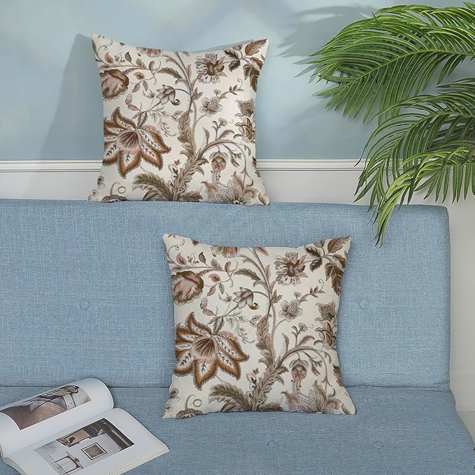 Brown Pillow Covers 18x18 Inch Set of 2 Brown Chinoiserie Floral Throw Pillows Boho Vintage Flowers Decorative Pillow Cases Outdoor Chinoiserie Decor Farmhouse Cushion Case for Couch Sofa